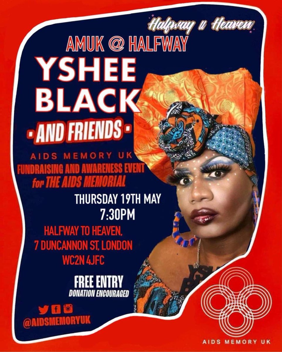 AIDSMemoryUK's tweet photo. 🚨THIS THURSDAY: It’s our spring fundraiser at drag den Halfway to Heaven, with a stunning array of LGBTQ+ artists, hosted by @ysheeblack.
🎟FREE entry from 7pm, donation encouraged.
👏 If you can’t come you can donate here https://t.co/S99hLsTj4j and pls RT to spread the word! https://t.co/NNlksiaLz9