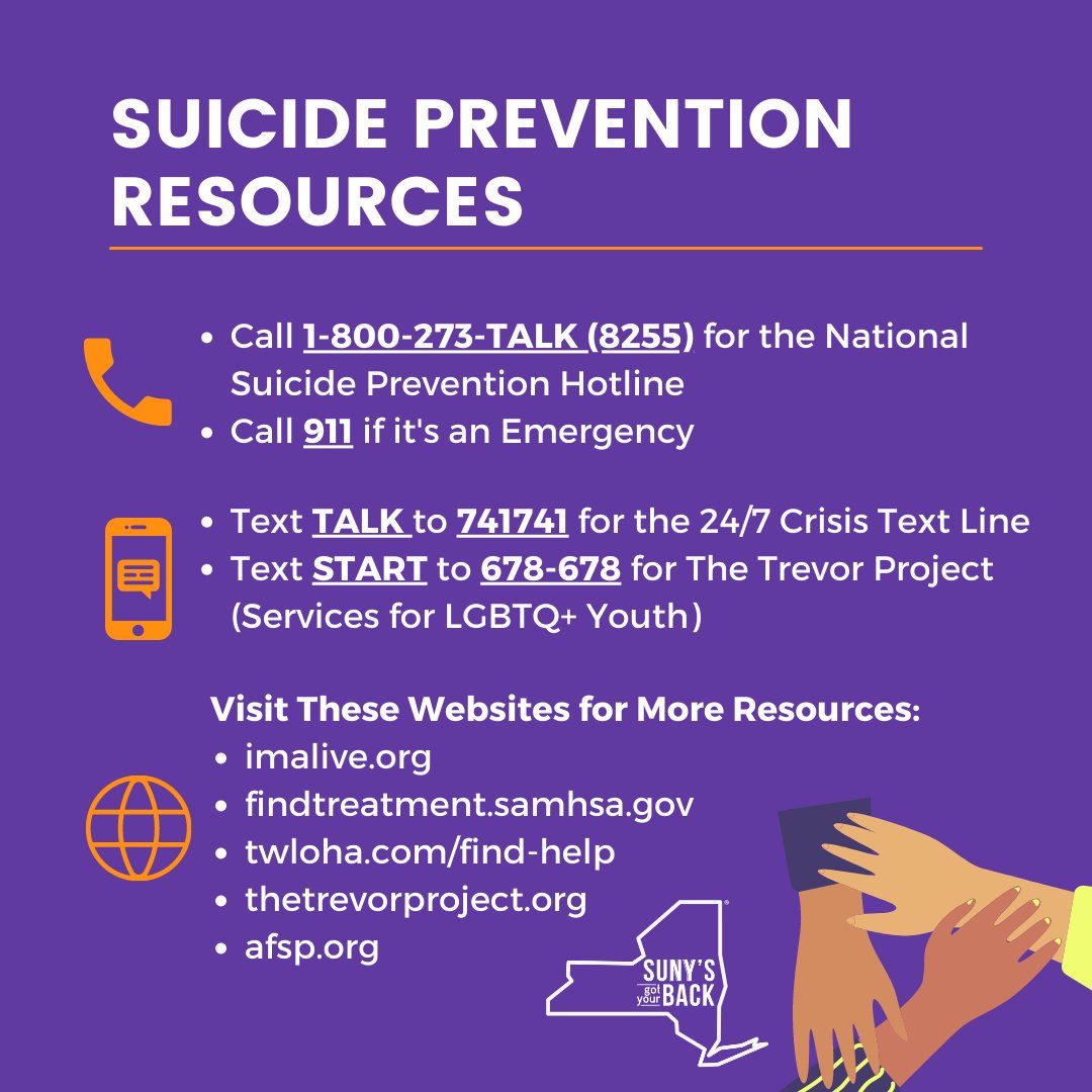 You are not alone. If you or someone you know is in need of help, please utilize any of the following resources. #mentalhealth #mentalhealthawareness #suicideprevention #SUNYsGotYourBack