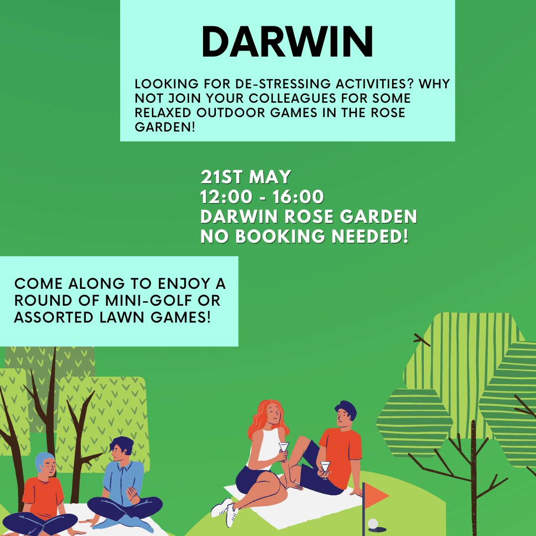 Take a break from studies this Saturday afternoon and join your College Residential Life Assistants for some light-hearted fun with lawn games in the beautiful Darwin Rose Gardens ☀️⛳!

This is not a ticketed event, so pop along and stay as long as you want!