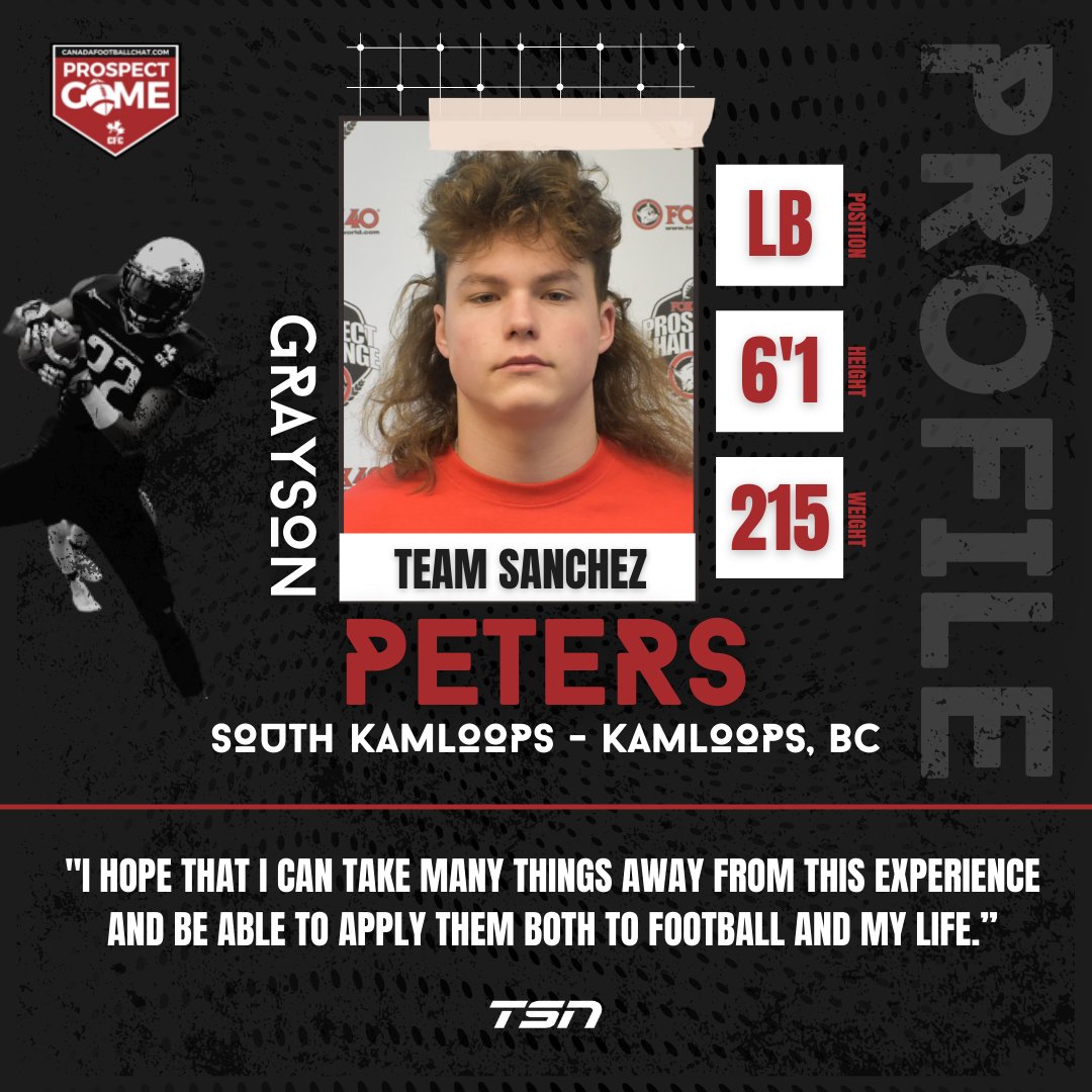 chatfootball's tweet photo. CFC Prospect Game Profile: Team Sanchez Class of 2023 LB @GraysonPeters1 out of South Kamloops Secondary, BC is ready to lead the troops into battle on @TSN_Sports ... https://t.co/z5oGlh3pk6

FINAL ROSTERS 📺 https://t.co/AfKMsULbD4
TICKETS 🎟️ https://t.co/VUBUewN6Z4 https://t.co/LbgVbOcYjq