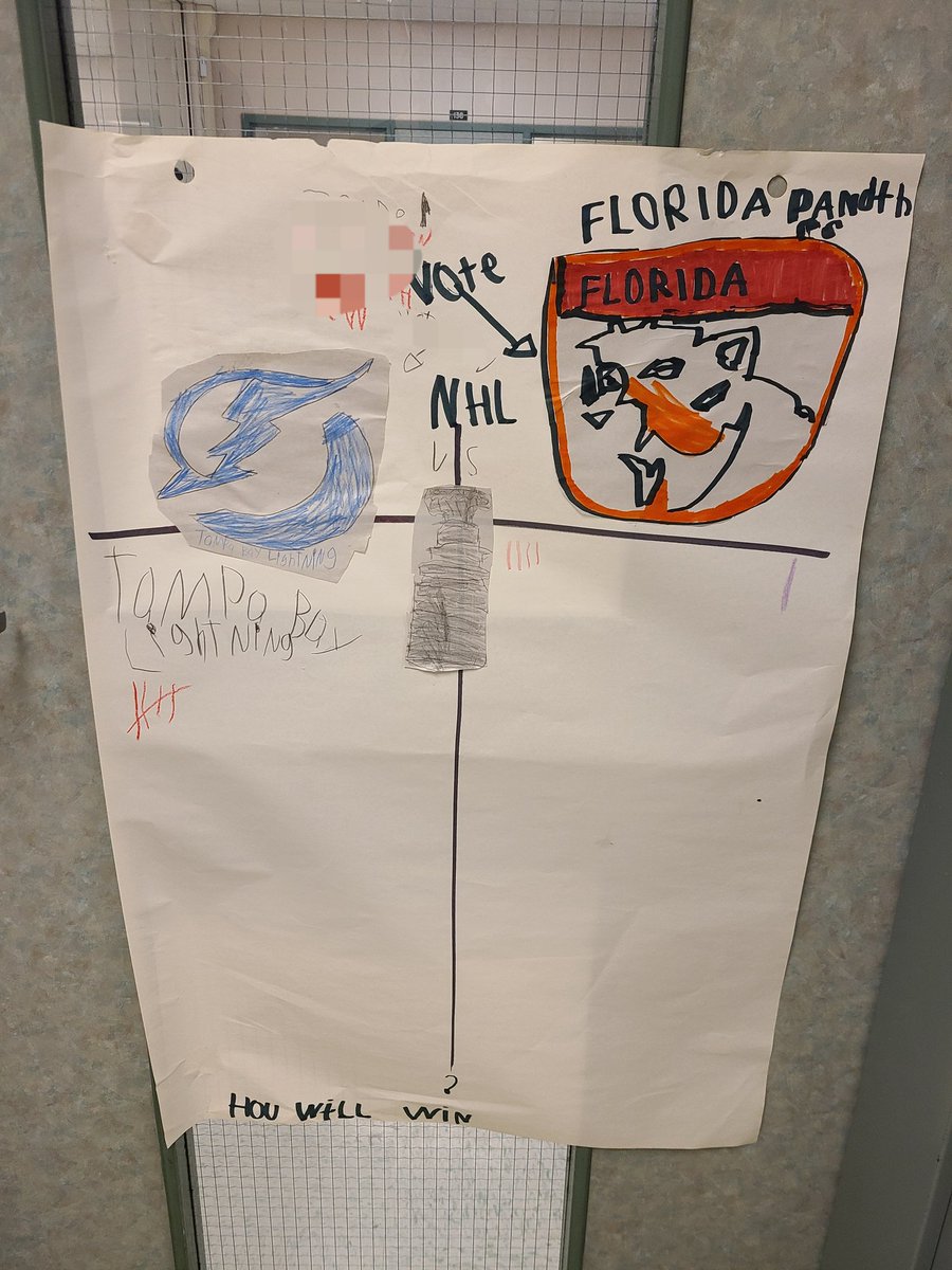 AGESGryphons's tweet photo. The grade 1s are interested in the Stanley Cup hockey playoffs...so they made a poll. People can put their tally mark on the team they think will win (or they want to win) as they walk by! 🏒 We'll keep you posted with the results! 🙂 @SCDSB_Schools https://t.co/WvyBS70tSU