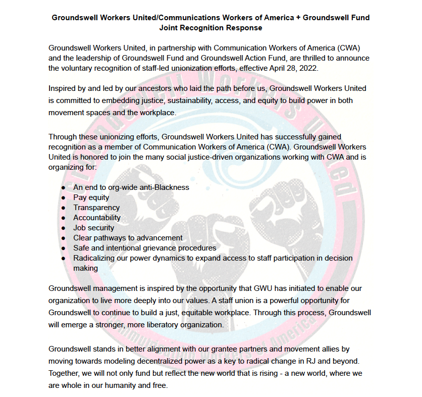 Together we will work to build a sustainable workplace that supports staff in truly living into <a href="/GroundswellFund/">Groundswell Fund</a> mission &amp; values and look forward to working together in good faith for a fair contract. *See our joint statement below* #SeeUsLiftUsRecognizeUs