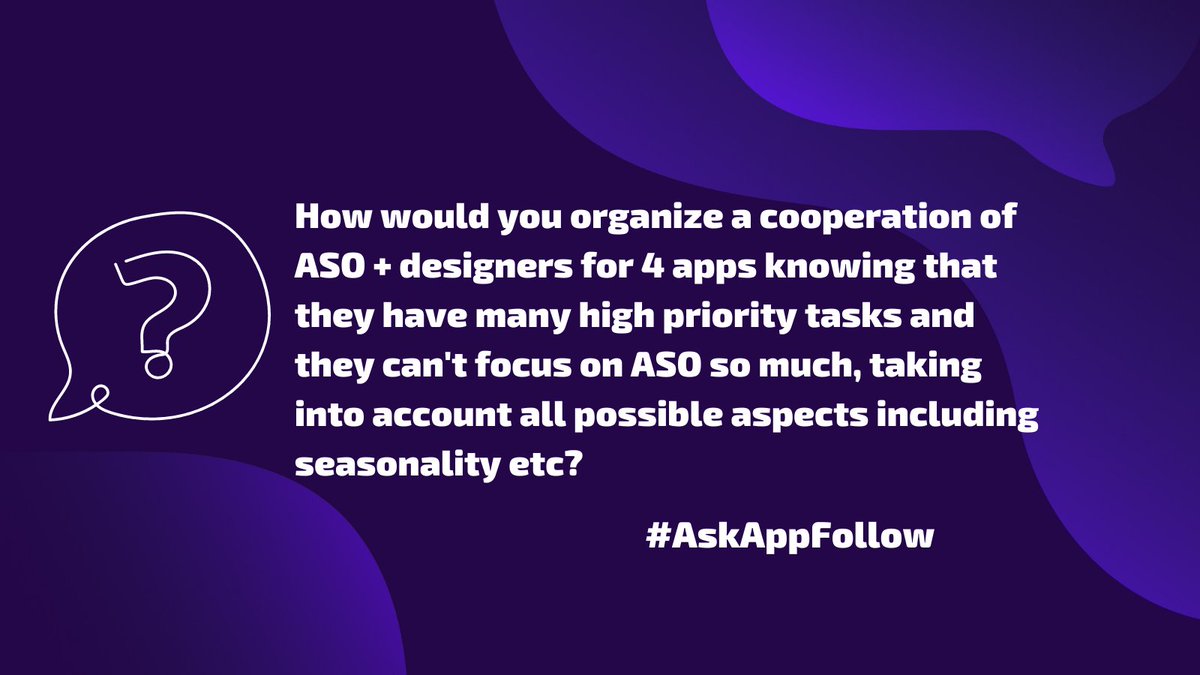 AppFollowIO's tweet photo. Aaaaand it's go-time for #AskAppFollow!

Q1: How would you organize a cooperation of #ASO + designers for 4 apps knowing that they have many high priority tasks and they can't focus on ASO so much, taking into account all possible aspects including seasonality etc? @kellychiuuuu https://t.co/DFKacyh9jq