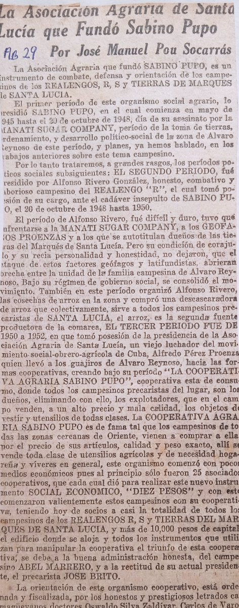 #FodosDocumental.#DíaDelCampesinoCubano.Las luchas del campesinado cubano por alcanzar sus derechos a la tierra tuvieron un momento cumbre bajo el mando de SabinoPupo.NuestroArchivoHistóricoProvincial en su ColecciónDeDocumentos MovimientoCampesino contiene una serie de recortes.