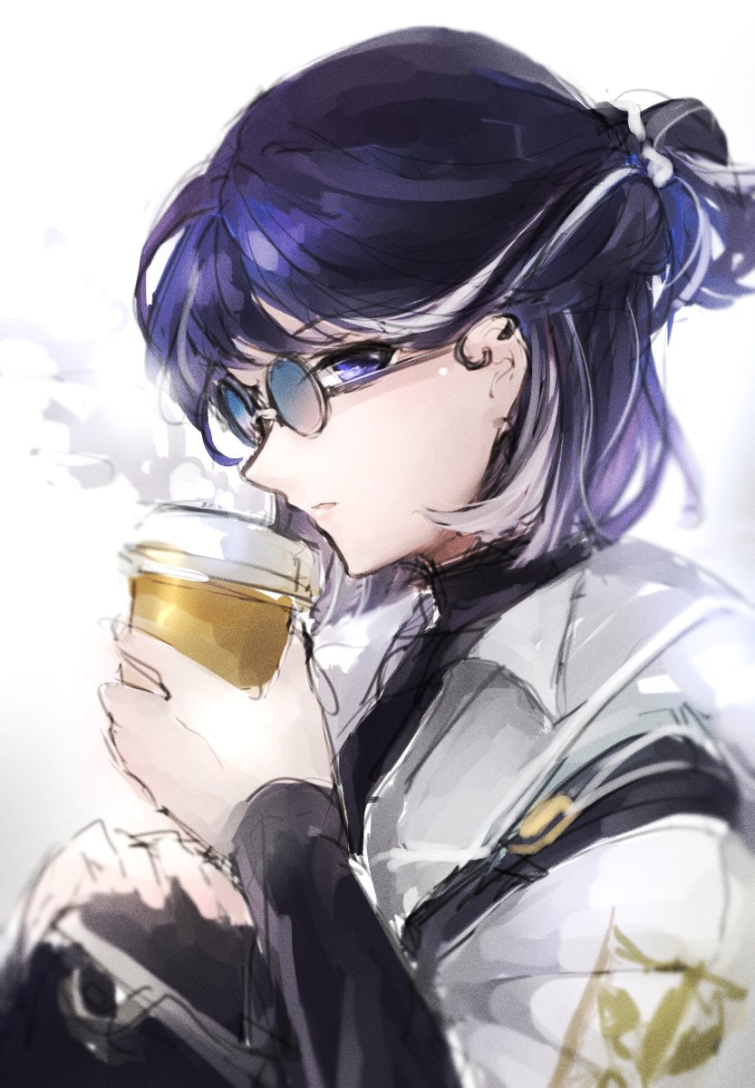 1girl cup glasses solo holding cup holding jacket  illustration images