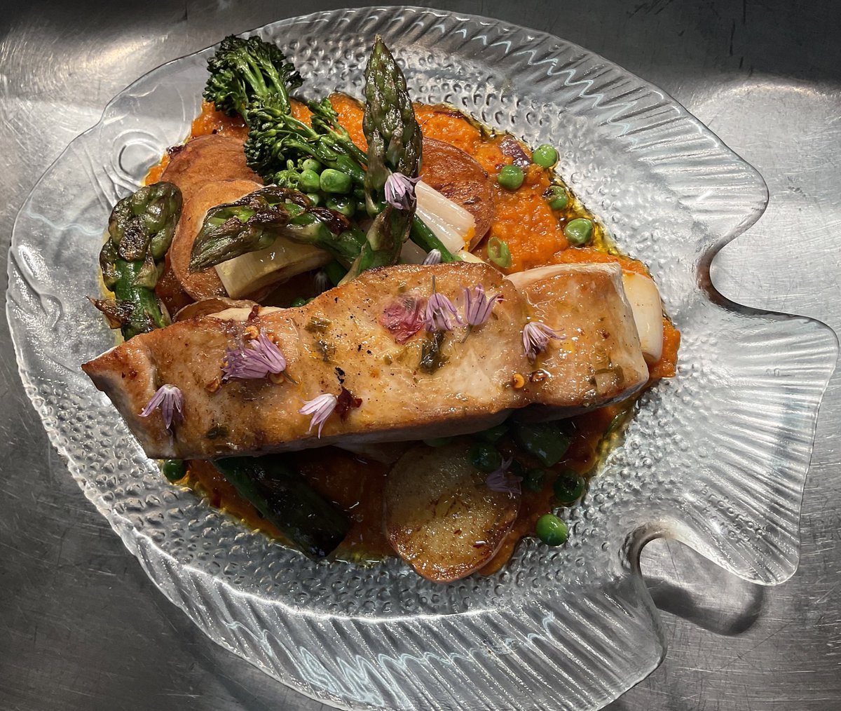 Sailfish (think of it as swordfish), purée of roast sweet potato with gochujang and sambal, fried potatoes, obligatory seasonal javelins: