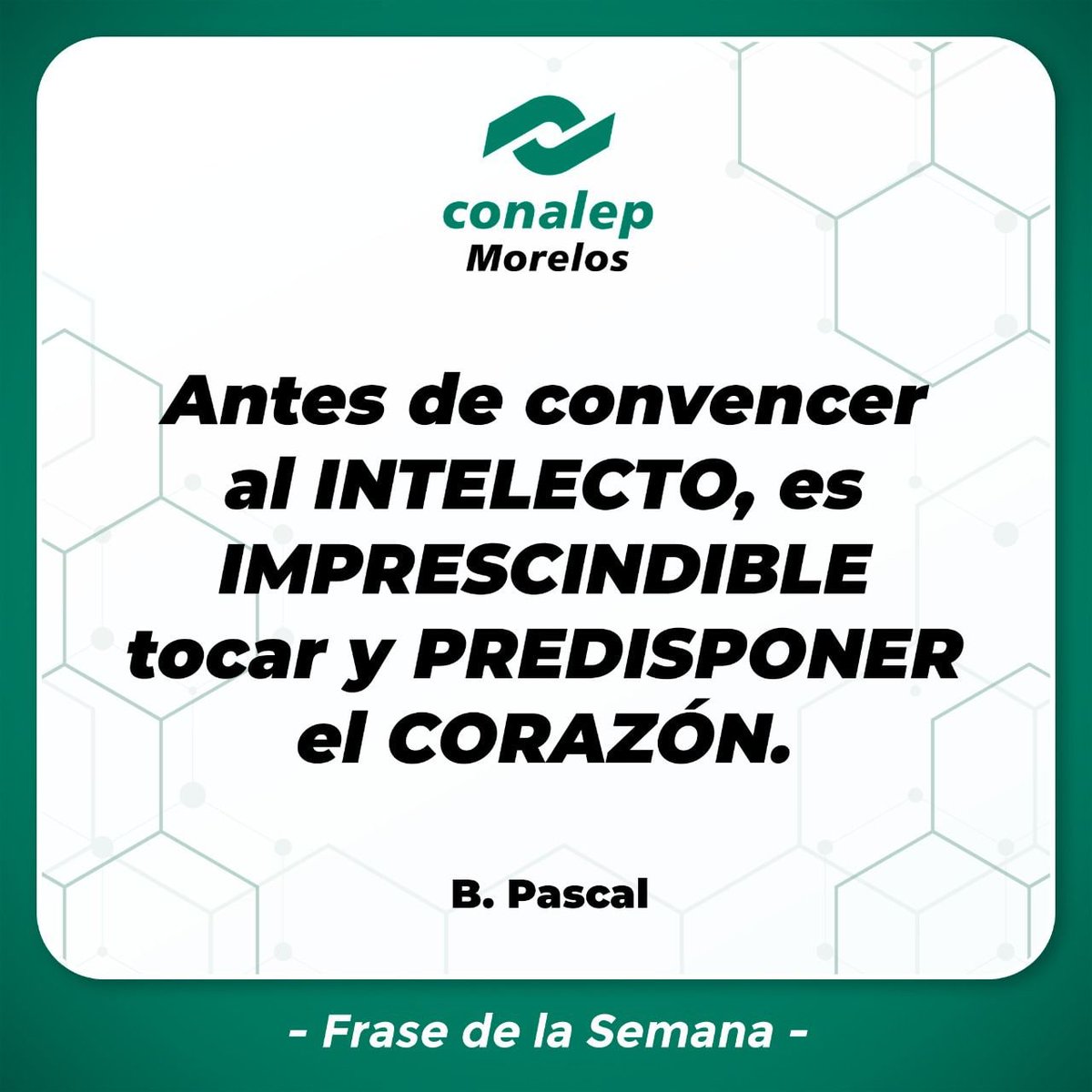 CTemixco's tweet photo. ¡Muy buenos días, les compartimos la frase de esta semana. 💚😉

#intelecto #imprescindible #predisposición #corazonagradecido #martescreativo #vayamartes #nartesdecolor #cambiatumentecambiatuvida #bonitodía #blaisepascal https://t.co/e7cbfK57jy