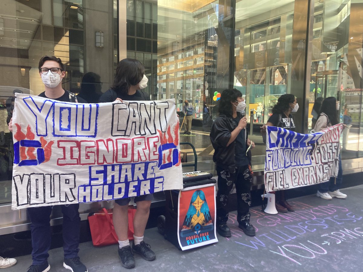 makeNYTrueBlue's tweet image. Youth Climate Finance Alliance outside the ⁦@Chase⁩ AGM. Chase is the biggest funder of fossil fuels, youth are demanding they stop. They’re  fighting for a liveable future. ⁦@riseandresistny⁩ ⁦@350NYC⁩ ⁦@XR_NYC⁩