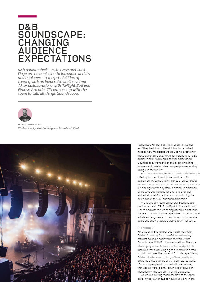 SouthbyProd's tweet photo. Great article in @tpimagazine about our 360 Soundscape @GrooveArmada tour. Click here to read more: https://t.co/t4vZjcqweg
#TPi #TPiMagazine #dbaudiotechnik #soundscape #360soundsystem #immersivesound #livemusic #prosound #audio #liveevents #groovearmada https://t.co/coiqap6LIU