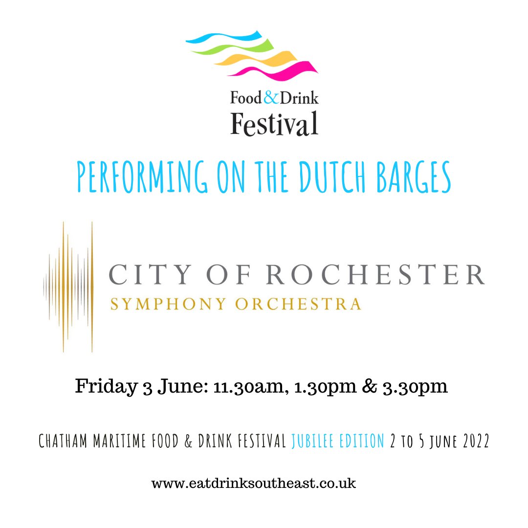 We are thrilled to have the City of Rochester Symphony Orchestra with us at this year's festival.
Performing Friday 3rd June on the Dutch Barges at 11:30am, 1:30pm &amp; 3:30pm. This is set to be a spectacular performance! #chatham #kent #freedaysoutinkent #chathammusic #kentmusic