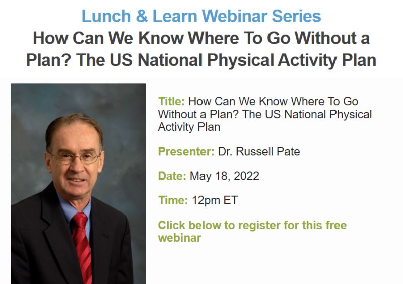 TOMORROW at 2PM EST-Join us at <a href="/oaactionallianc/">OA Action Alliance</a>'s “Lunch and Learn” webinar as Dr. Russ Pate breaks down our National Physical Activity Plan and how it can serve as a roadmap to a healthy, physically active America for all. #MoveWithUs #MoveInMay
Register:
lnkd.in/guHfH_di