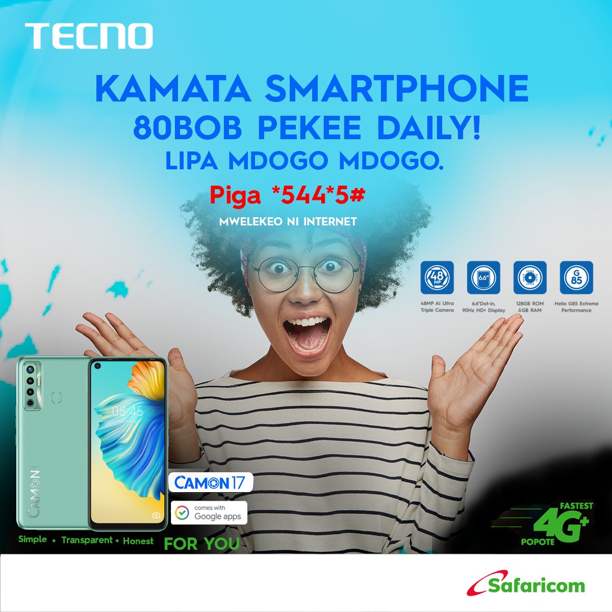 TECNOMobile254's tweet photo. Don't break the bank, lipa mdogo mdogo for your new favourite smart phone. Dial *544*5# to see if you qualify then visit your nearest Safaricom retailer for more information. 

#TecnoKe #Camon17 #Sale #Safaricom #masoko https://t.co/Y47wD3aFD2