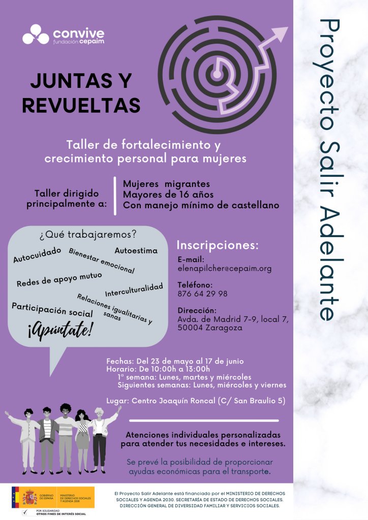 FundacionCepaim's tweet photo. #Formación | #SalirAdelante 

🟣 Taller 'Juntas y Revueltas: Fortalecimiento y crecimiento personal”

📍#Zaragoza 
 🗓️Del 23 de mayo al 17 de junio
👉🏿 Dirigido a mujeres migrantes. 
🔎  Para la prevención de la violencia de género.

https://t.co/U6iMGKLK5y #IRPF @MSocialGob https://t.co/hp6ceUpOfM