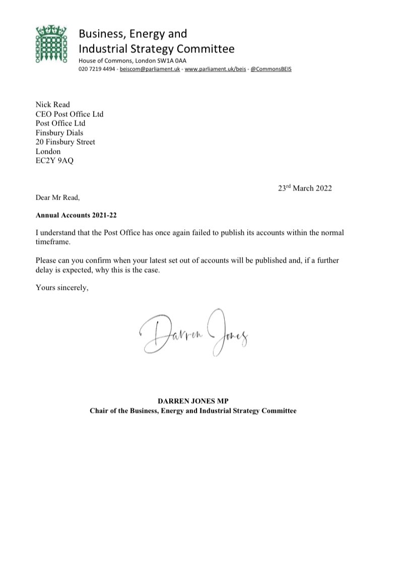 darrenpjones's tweet photo. Last March I wrote to the Post Office to ask why they had once again not published their accounts on time. These have now been published. The Post Office-Horizon Scandal has now cost tax payers £865m (£137m on legal fees, £38m on prosecuting their own staff). https://t.co/VvmKUNKiZ5