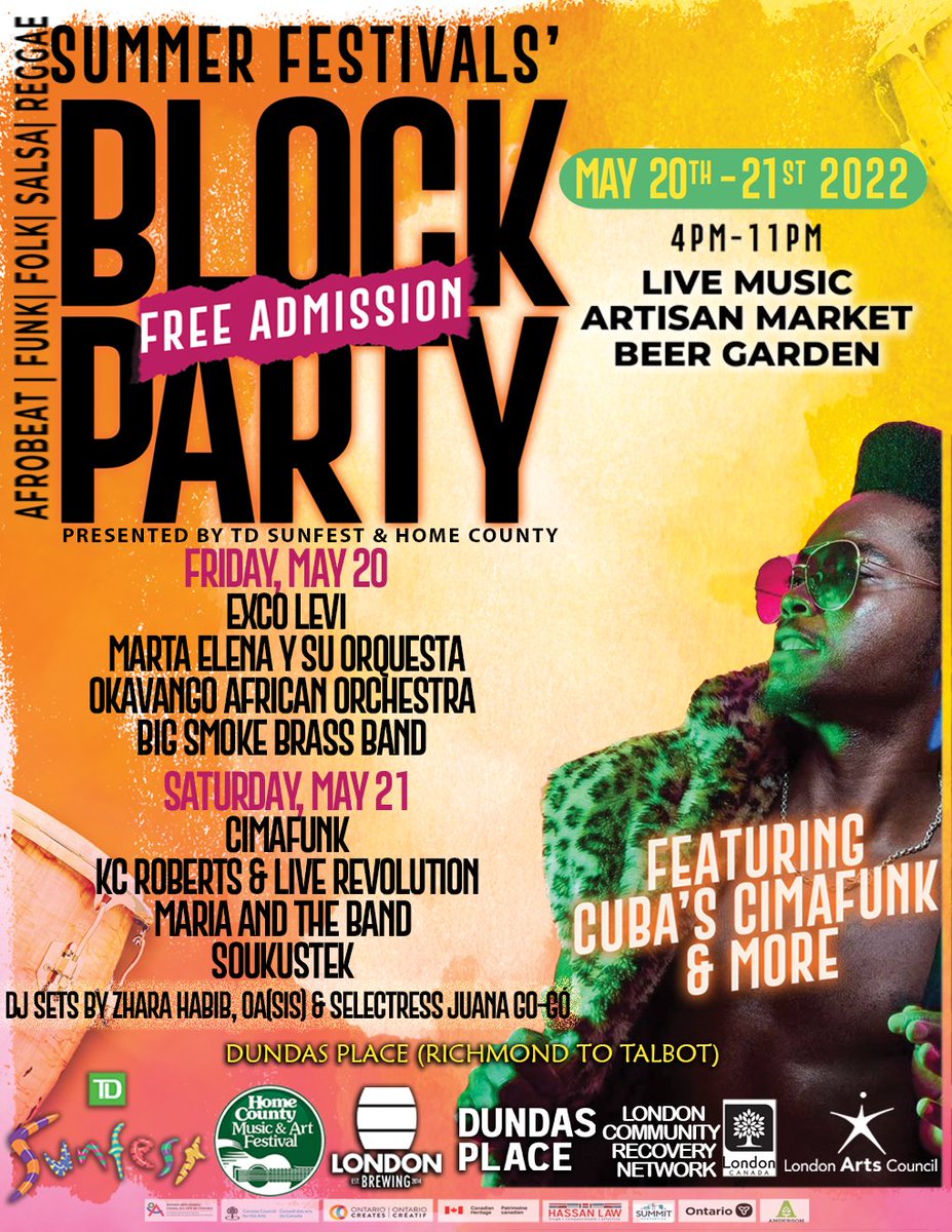 DundasPlace's tweet photo. 📢 This Friday May 20th &amp; Saturday May 21st from 4pm-11pm Summer Festivals' Block Party will be bringing the beats b/w Talbot St &amp; Richmond St.📢
Feat. @Excolevi, @CimafunkOficial, and a host of other incredible artists!
@SunfestLDN @HomeCountyFest @Downtown_London https://t.co/J3dRnycvNO
