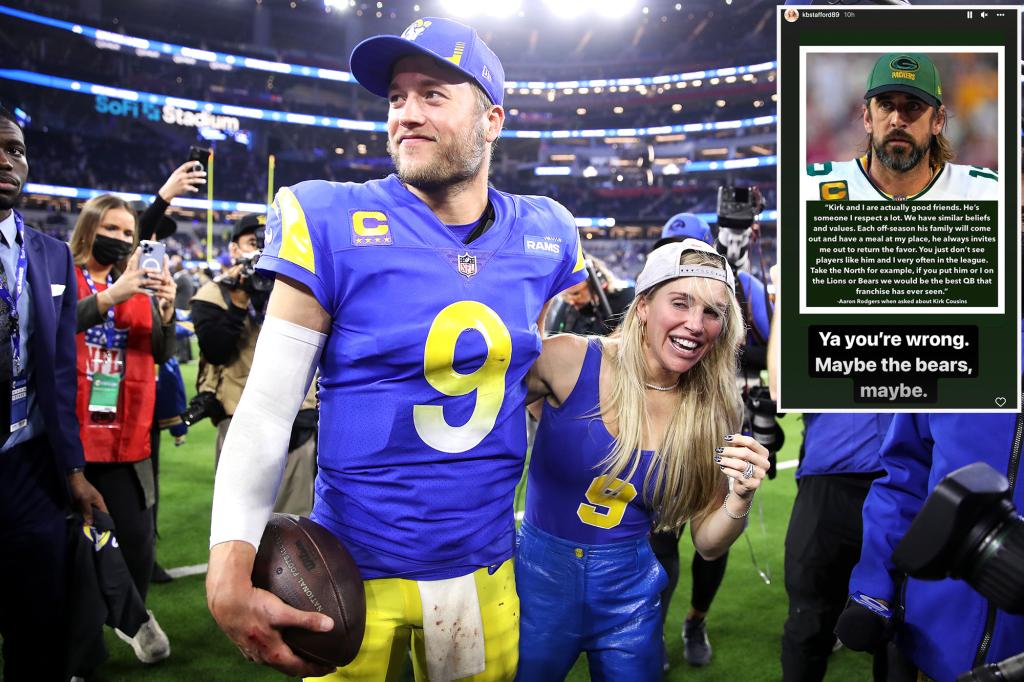 nypost's tweet image. Kelly Stafford's Aaron Rodgers shade appears to be misplaced trib.al/6clfETT