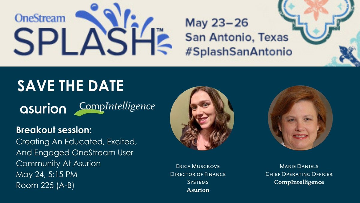 CmpIntell_CPM's tweet photo. Will you attend Splash in San Antonio? Asurion Director of financial Systems, Erica Musgrove, and CompIntelligence COO, Marie Daniels will be presenting Asurion's journey from engaging user community during software selection to  custom training curriculum for 300 global users. https://t.co/icOYZjHwKR