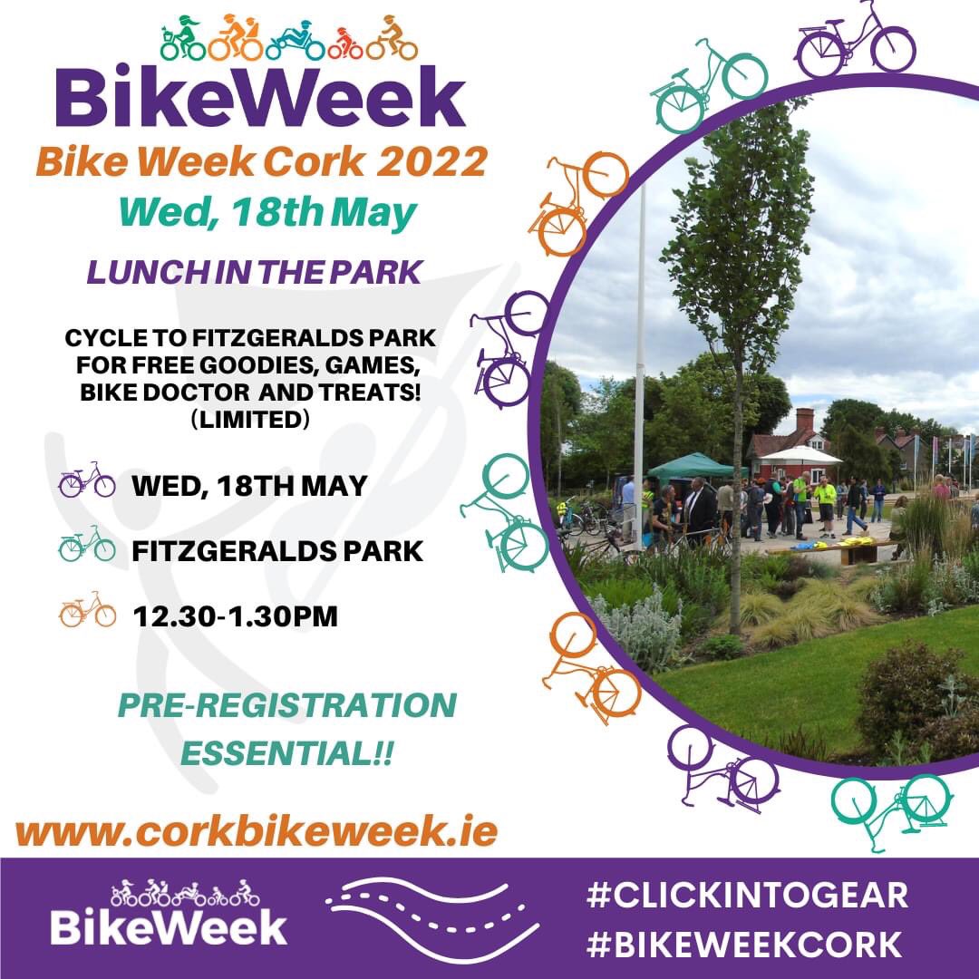 CorkBikeWeek's tweet photo. 🤩 Lunch In The Park | Wed, 18th May

Join us tomorrow by grabbing your bike &amp; cycling to Fitzgerald’s Park for games, goodies, bike doctor &amp; treats! Option to join leisure cycle to Passage afterwards 🚲

📆 Wed, 18th May
📍 Fitz Pk
⏰ 12.30-1.30pm

ℹ️ https://t.co/hp2lnNHtqU https://t.co/hysDlt71qa