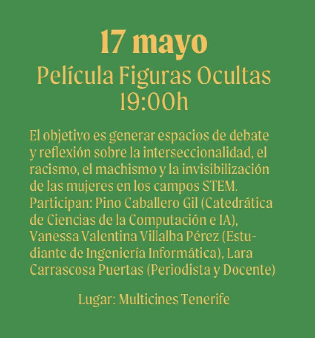 carina211's tweet photo. Hoy a las 19h tenemos cinefórum con #FigurasOcultas  con @PinoCaballero, @vanessav_vp y  @LaraCarrascosa1

¡Te esperamos en Multicines Tenerife!

@IUEM10 #PrimaveraVioleta
@JezabelTech https://t.co/Gta1qyib4c