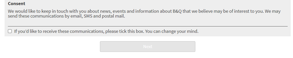 TIBTA2's tweet photo. @BandQ a tickbox to receive unwanted emails that must be clicked to proceed is not good practice. Please amend this part of your application process to follow the spirit of legislation #tickbox #badux #annoying #jobhunt https://t.co/FjGBCgBxn0