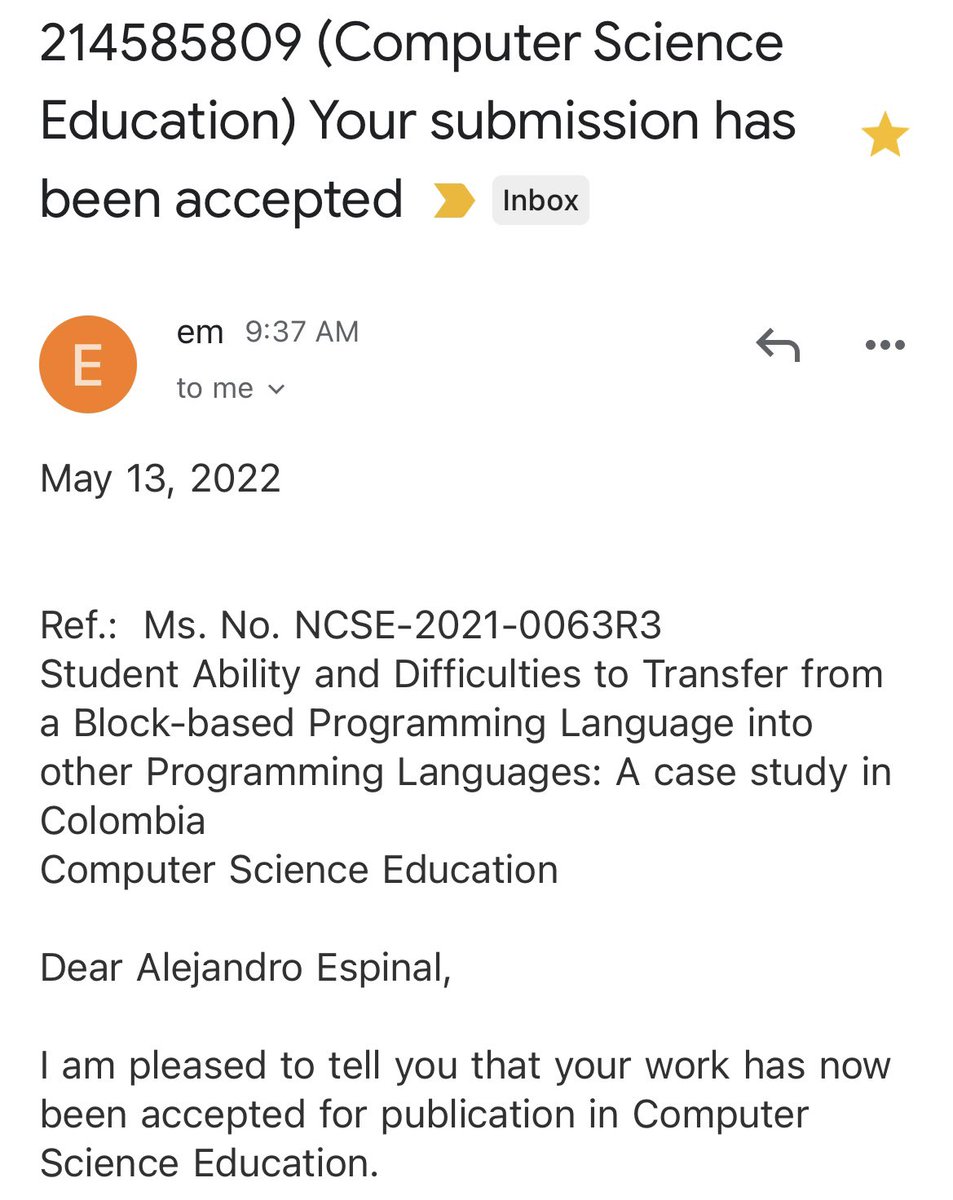AEspinalD's tweet photo. After two years of working in this publication, was finally accepted!  🤩 #ComputerScience #CS #Education #ComputerScienceEducation #Programming #Transfer https://t.co/ekqgjxludi