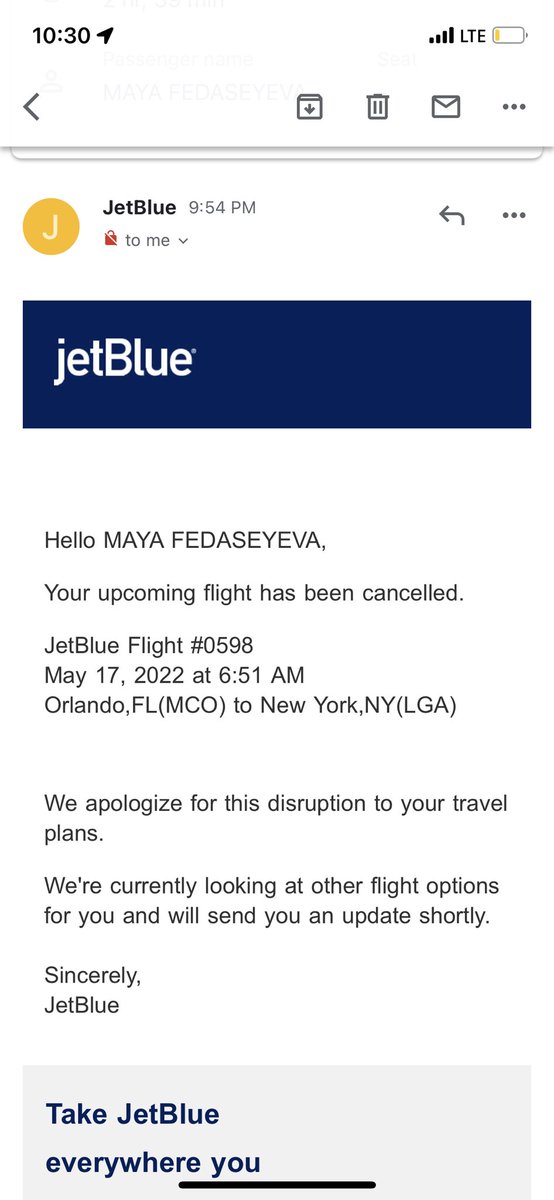 MFedaseyeva's tweet photo. @JetBlue Give me a full refund! Flight LGA - MCO delayed 3+ hrs, flight MCO - LGA cancelled, missed work twice! 3+ hrs on the phone to cancel the layover flight that I was rebooked for w/o my consent and still no help! Horrible airline! Worst than Spirit! Never flying again!! https://t.co/Pl8dMVK1H3