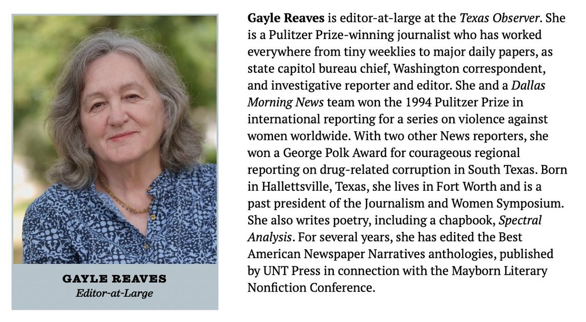 TexasObserver's tweet photo. Please help us welcome yet another Pulitzer winner to the Observer staff, the fabulous Gayle Reaves, who is our new editor-at-large! 🎉🎉🎉 #investigative #journalism #longform #ladyjournos https://t.co/2YtcwHluyO