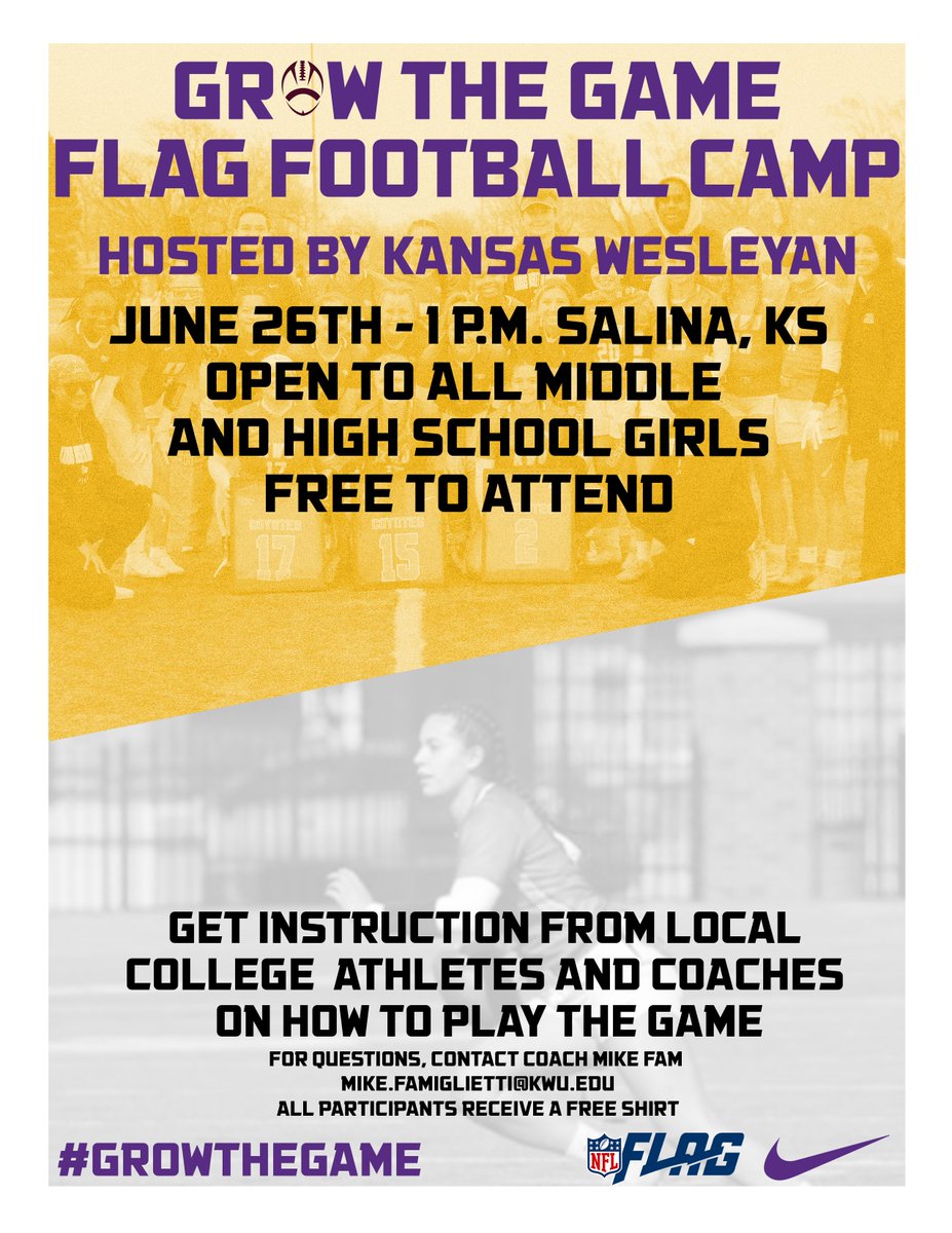 KWUFlagFB's tweet photo. Mark your calendars for June 26th for the FREE #GrowTheGame camp hosted at KWU! #NAIAWFLAG https://t.co/LwpVK8dfq7