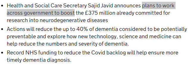 Ben_Spencer's tweet photo. Sajid Javid announces "plans to work to" boost funding for dementia research, while confirming the annual budget will be cut to ยฃ75m from the ยฃ160m "dementia moonshot" promised in the last election manifesto. https://t.co/rOw5l9svcI