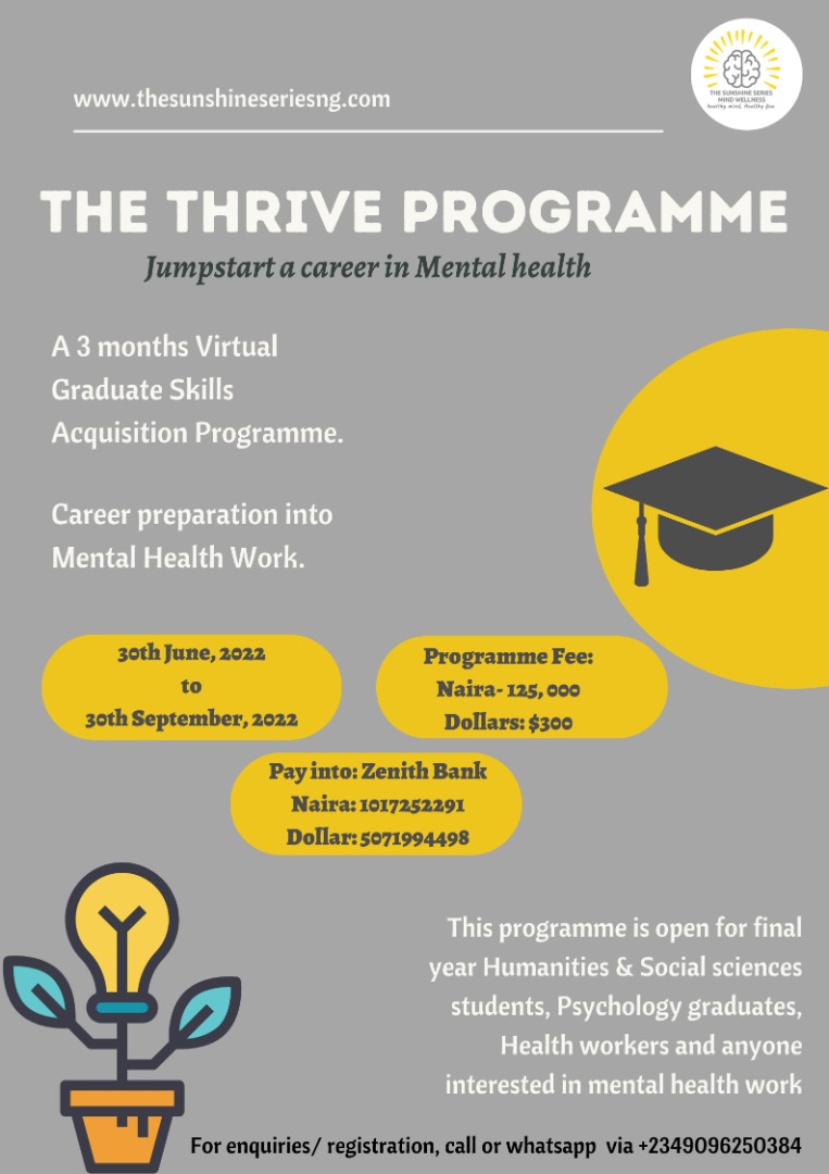 _sunshineseries's tweet photo. The #ThriveProgramme is carefully curated to jumpstart your career into mental health work.
This is suitable for persons with or without experience in mental health work. It provides personal coaching to ensure that you are maximising the best of the programme and charting... https://t.co/QxJic4wn75