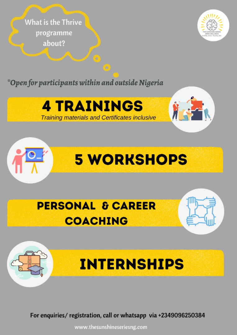 _sunshineseries's tweet photo. The #ThriveProgramme is carefully curated to jumpstart your career into mental health work.
This is suitable for persons with or without experience in mental health work. It provides personal coaching to ensure that you are maximising the best of the programme and charting... https://t.co/QxJic4wn75