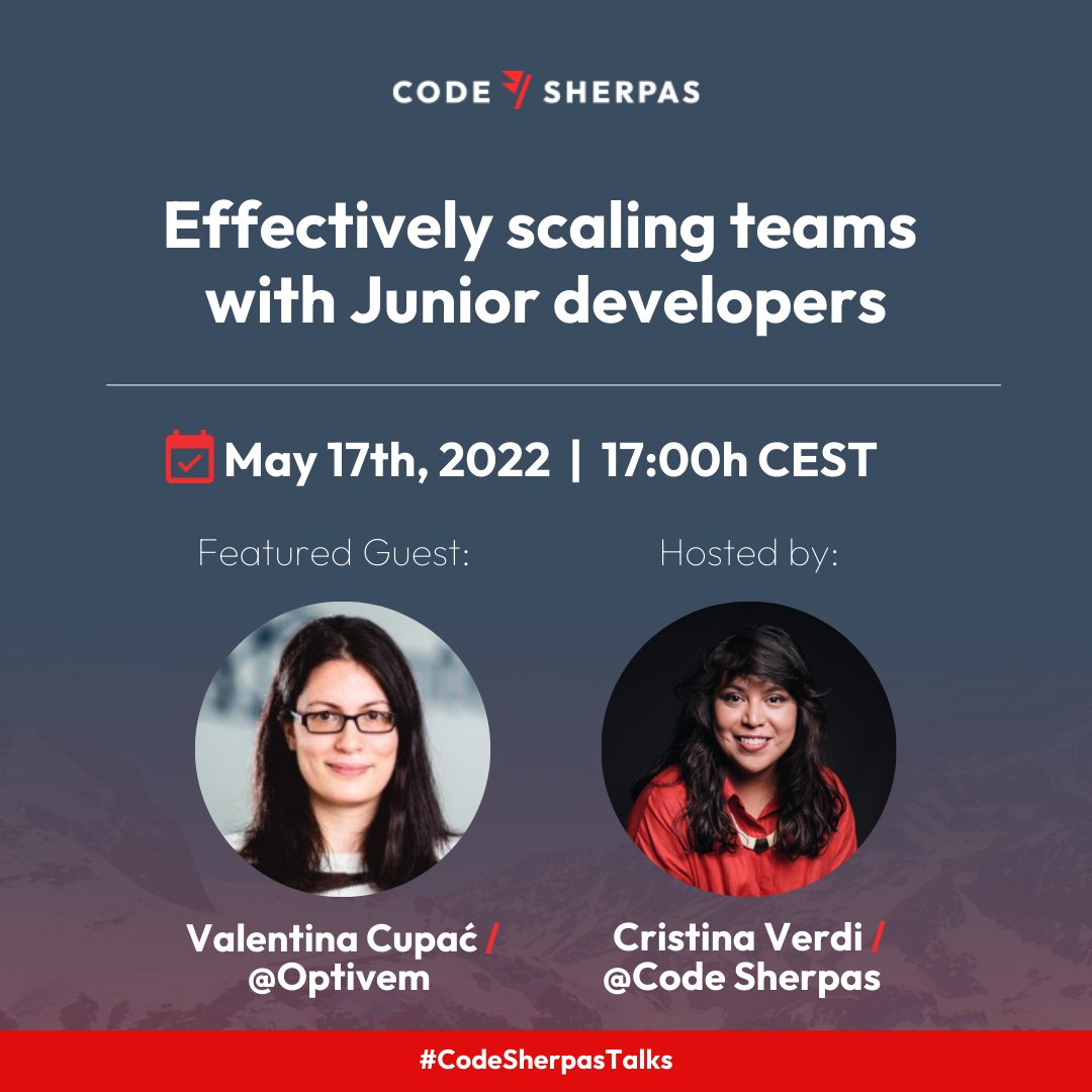 codesherpas_bcn's tweet photo. 🦸‍♀️In 30 minutes we are starting at #CodeSherpasTalks, with @cristina_verdi and @ValentinaCupac on "Scaling software dev teams with Junior developers" 👩🏽💻
 
¡See uson the platform of your choice! 📺 🍿: https://t.co/uCJotPRdwk https://t.co/f2NWGaZaME