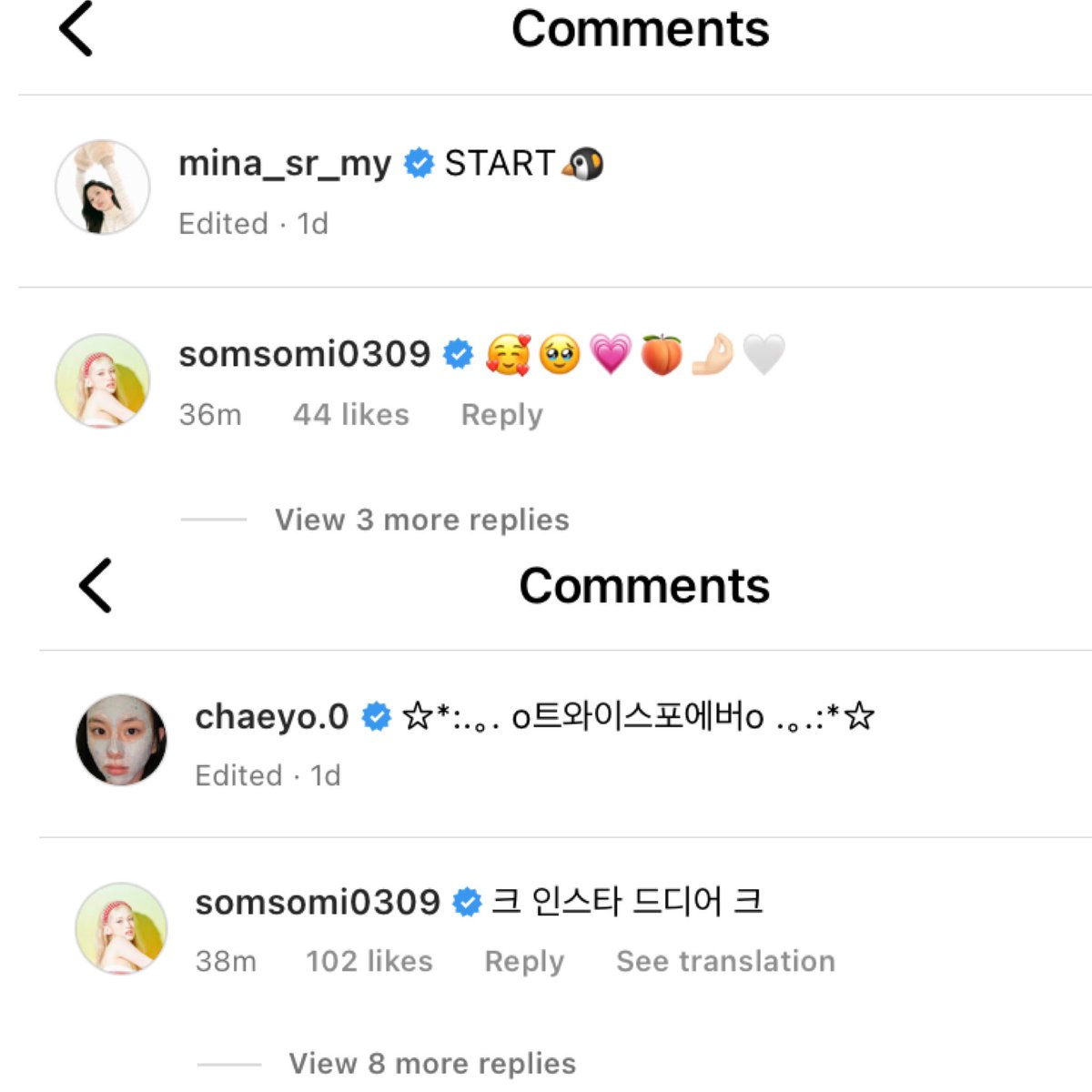 twicedaaamc's tweet photo. Somi’s comments on both Mina and Chaeyoung’s first posts 🥰 https://t.co/MxURllXG7k