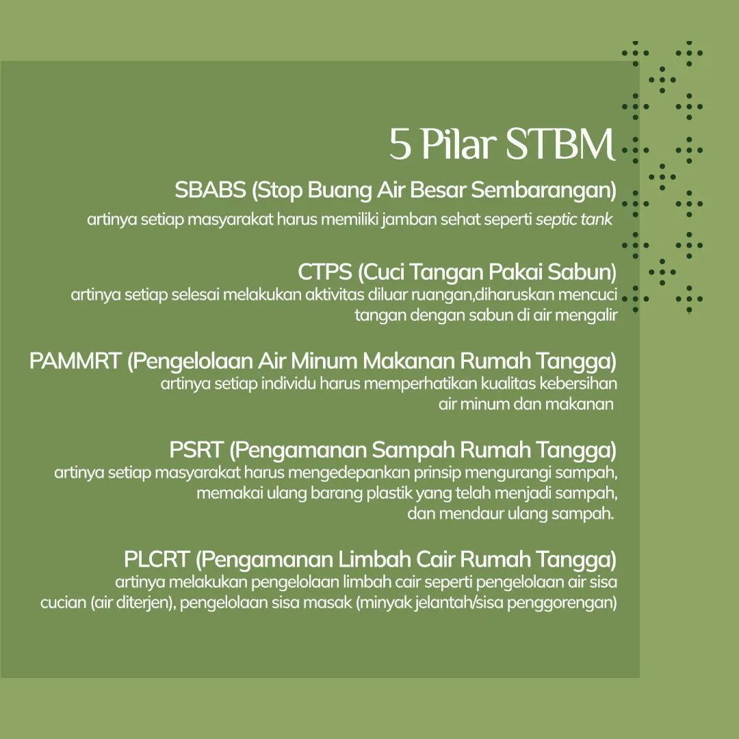 Bukankah kebersihan lingkungan merupakan hal yang paling penting untuk menciptakan kenyamanan? Bukankah kesehatan juga dipengaruhi oleh kebiasaan hidup sehat yang dimulai dari kebersihan lingkungan?
Yuk disimak, terutama pilar Ke-4 STBM
