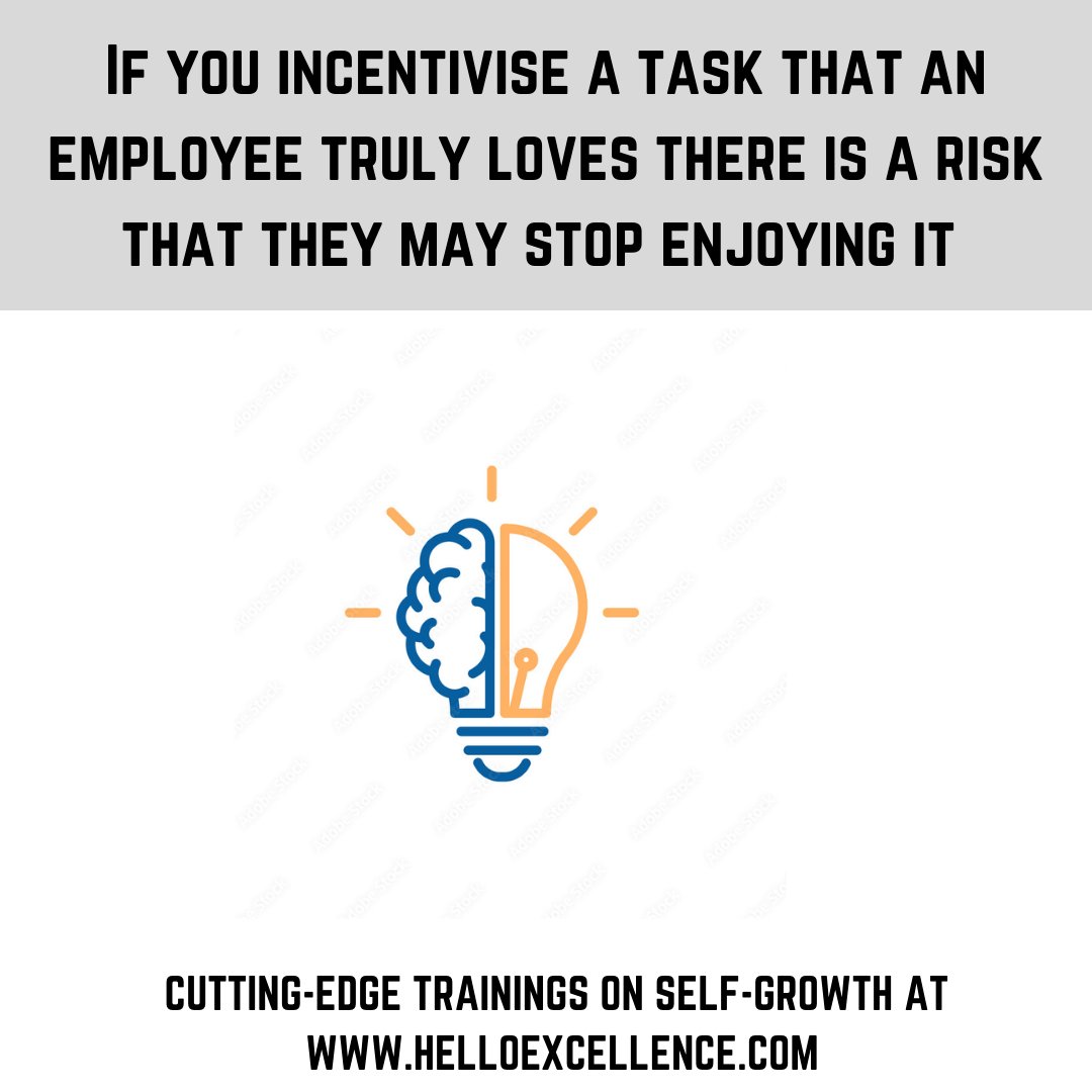 ExcellenceHello's tweet photo. If you incentivize a task that an employee truly loves, there is a risk that they may stop enjoying it.
#Helloexcellence #Growth #Selfleadership #Movingon #Success #Life #SportPsychology #Peakperformance #EmployeeWellness #Futureofwork #Productivity #Wellness #Listeningskills https://t.co/6rt9rcmnfj