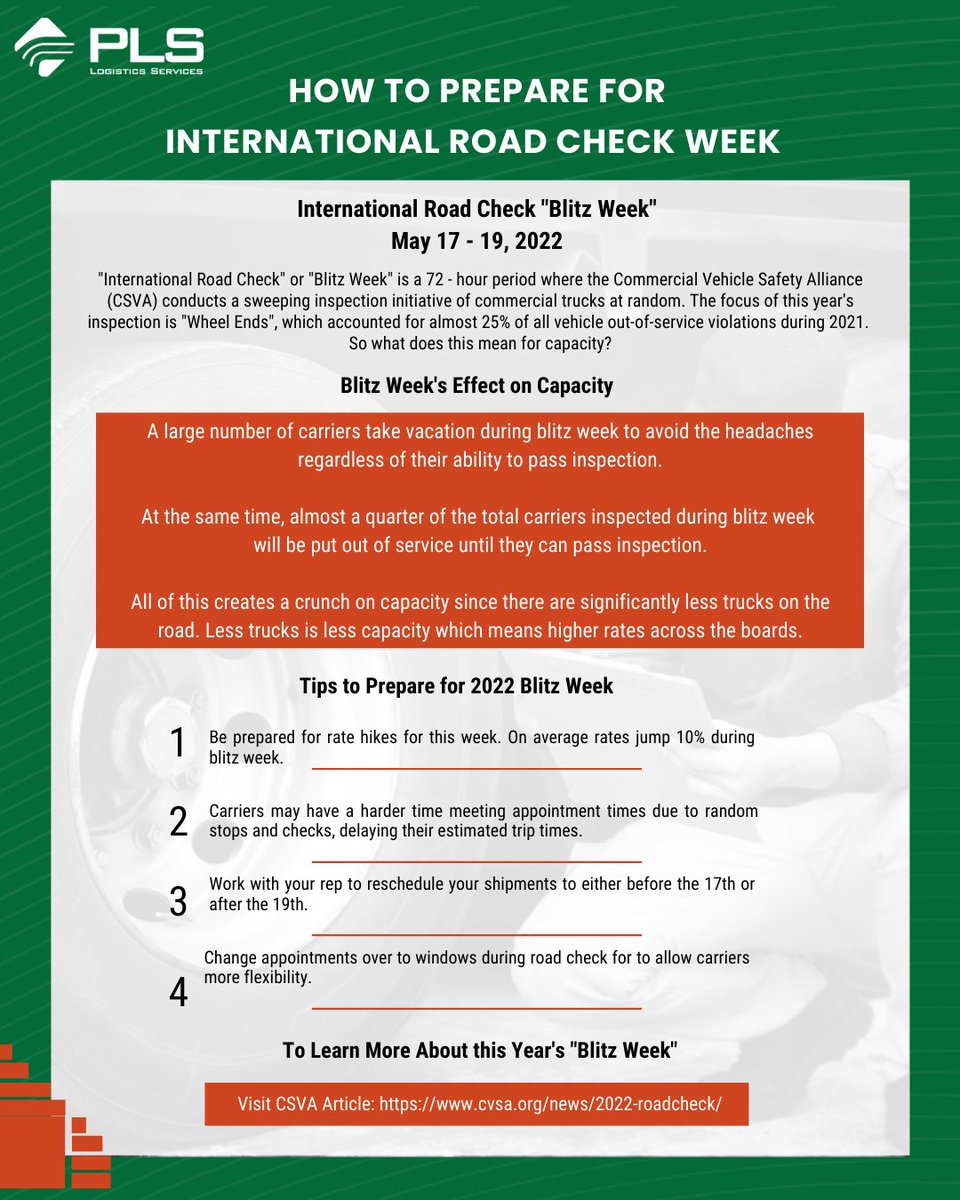 PLSLogistics's tweet photo. 🚚May 17th to 19th is International Road Check Week, a 72-hour period where the CSVA conducts random checks on carriers for different safety violations. Check out these tips from PLS Logistics to make sure you are prepared! #BlitzWeek #logistics https://t.co/eyWF98UUCH