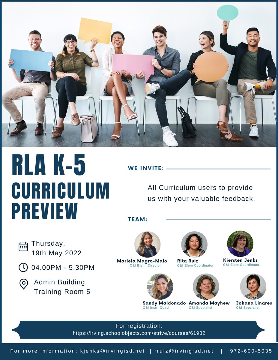 The Elementary RLA team is excited to invite you to a K-5 curriculum preview night. Please join us and give us feedback on the 22-23SY RLA curriculum changes and updates.
Link to register: irving.schoolobjects.com/strive/courses…
<a href="/IrvingISD/">Irving ISD</a> <a href="/iInstructIrving/">Irving ISD C&I</a>