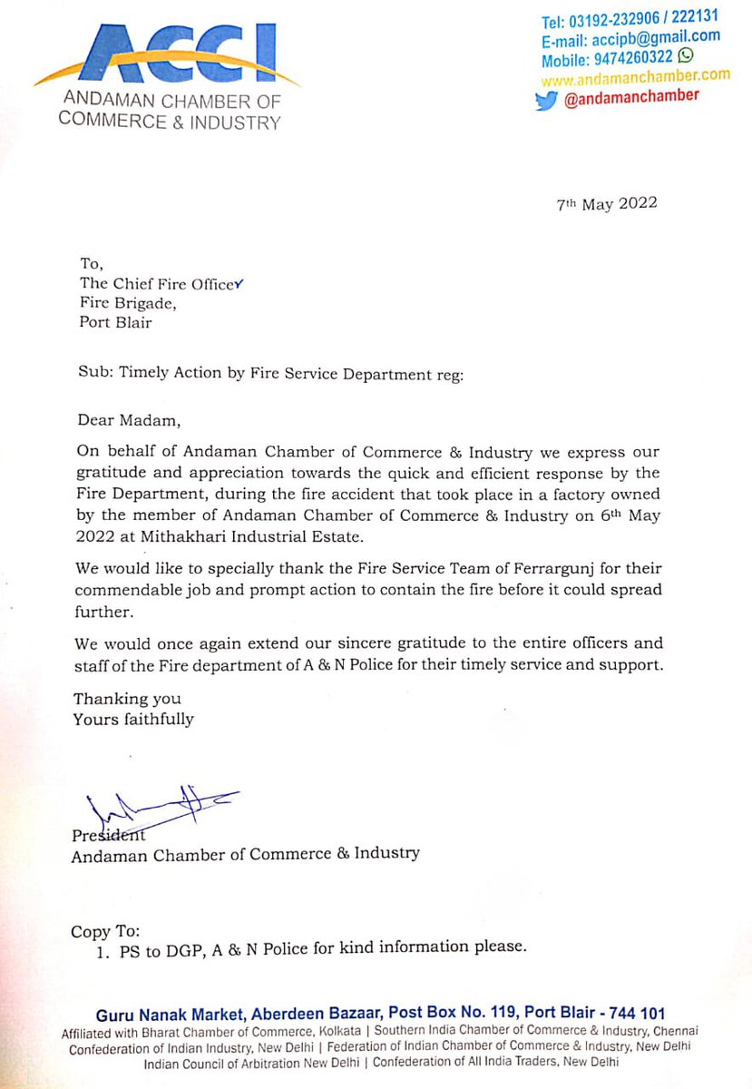 FireService_ANP's tweet photo. An Appreciation &amp; gratitude received by Andaman Chamber of Commerce &amp; Industry towards #FSFerrargunj team for prompt response during Mittakhari Industrial fire Incident on 06th May, 2022

@MediaRN_ANI @DGPANIslands @Andaman_Admin https://t.co/4BlTlCFJ4v