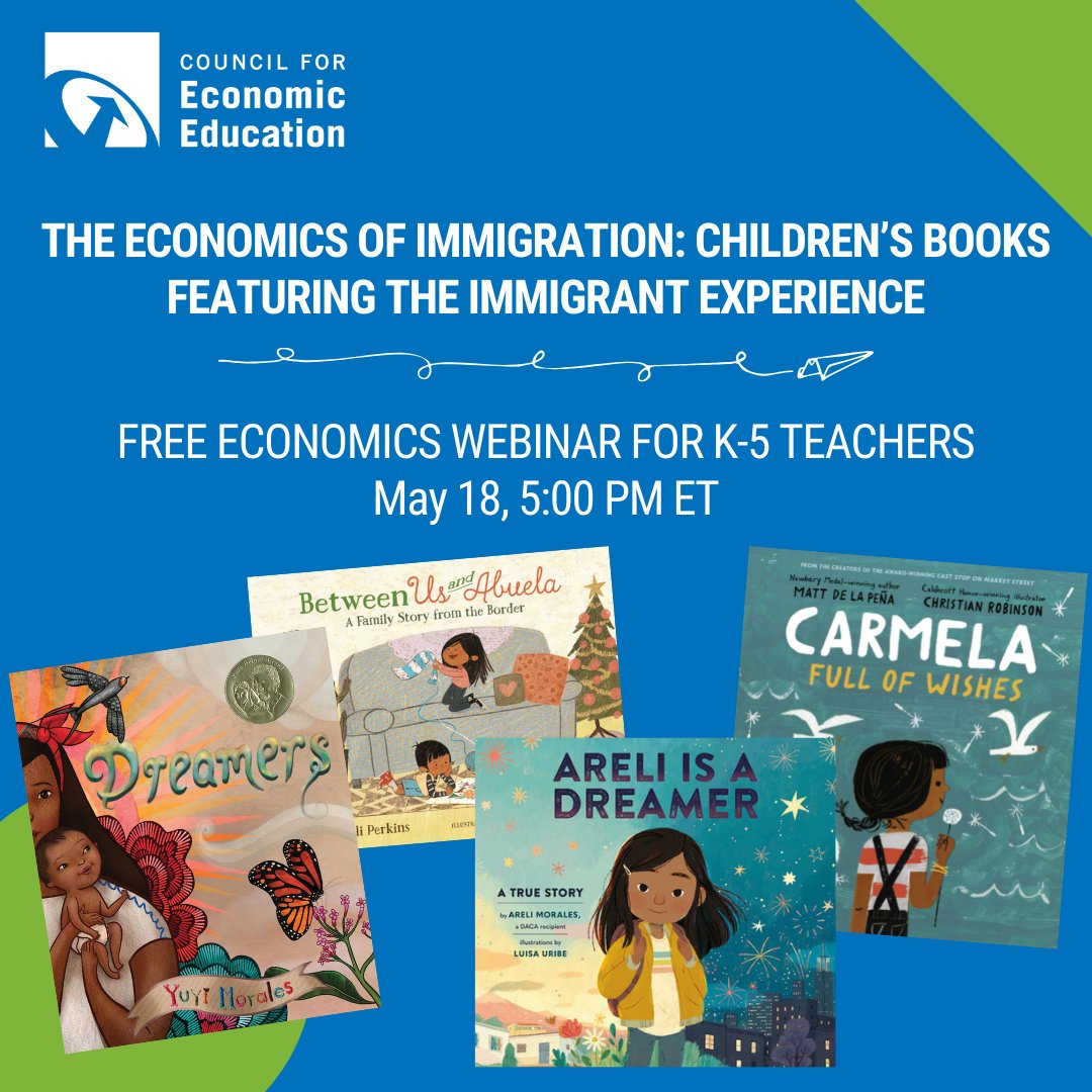 CouncilEconEd's tweet photo. Get ready for #ImmigrantHeritageMonth this June with this webinar reviewing #economic concepts of choices, limited resources, and decision-making while exploring new picture books based on the #immigrant experience. Sign up here for free: https://t.co/VYBaFhGyIv https://t.co/ewiLvEr7OI
