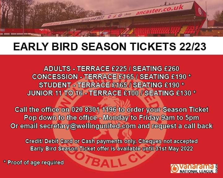 wellingunited's tweet photo. SEASON TICKET NEWS:
We are delighted to announce our Early Bird Season Tickets are now available to purchase.
Season tickets include all home pre-season fixtures (which will be announced shortly) plus all home National League South matches for the 22/23 season. https://t.co/nZvXKxBR1y