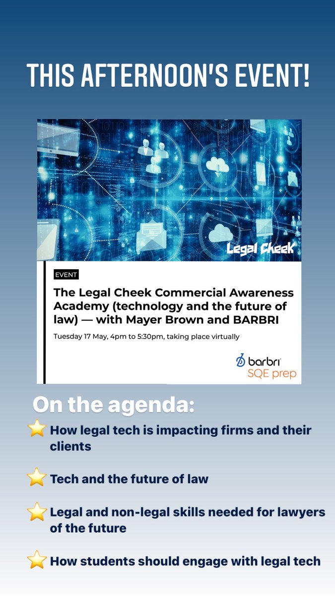 We are live at today’s virtual student event 'The Legal Cheek Commercial Awareness Academy (technology and the future of law) — with <a href="/talk2mayerbrown/">MayerBrownFutures</a> and <a href="/BarbriSqe/">BarbriSQE</a>'! On the agenda for the panel discussion: