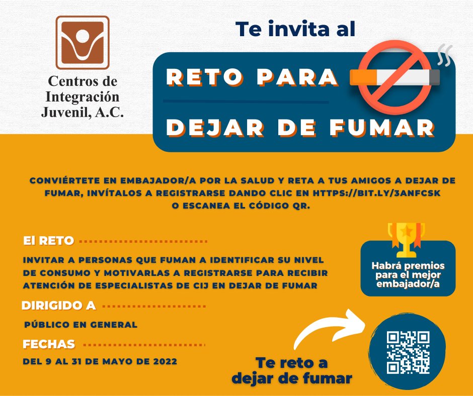 CIJ_Adicciones's tweet photo. Sé un embajador/a por la salud y reta a tus amigas y amigos a dejar de #Fumar, invítalos a registrarse dando clic en https://t.co/IEhL5upAon o con el código QR.
Hay premios al mejor embajador/a.
#TeRetoADejarDeFumar https://t.co/mlT3FRmxhv
