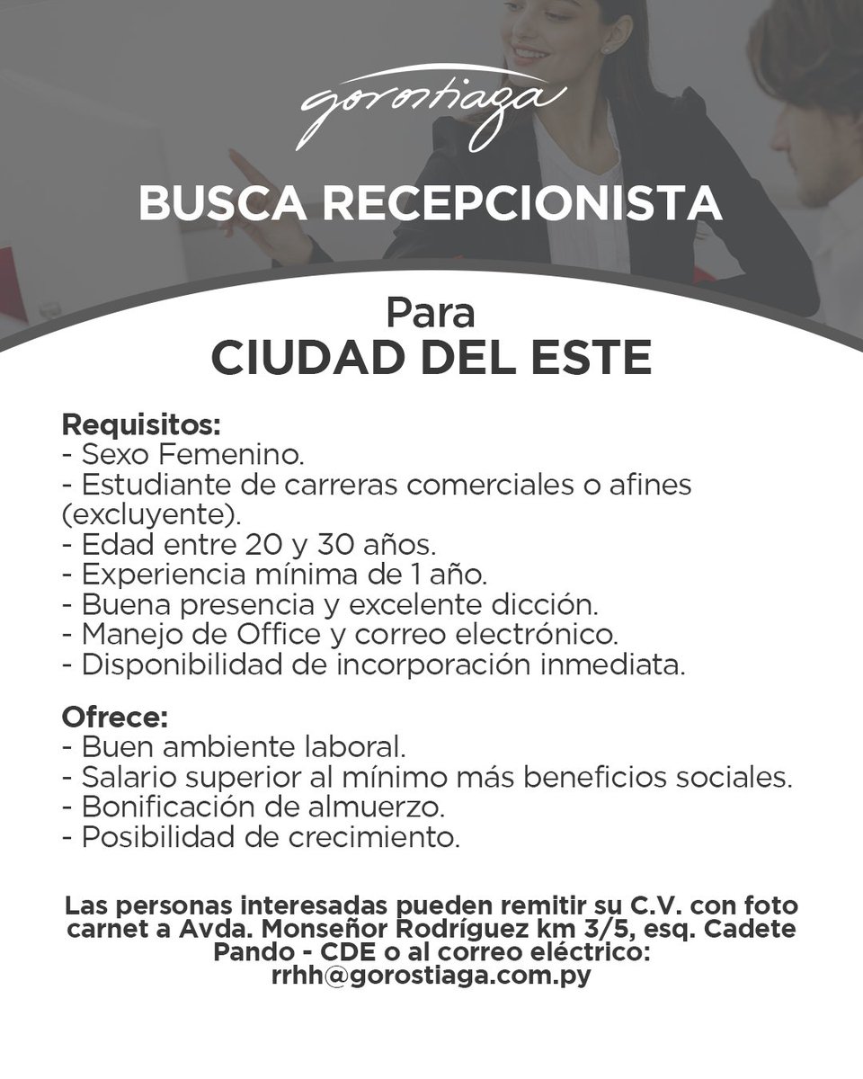 gorostiaga_py's tweet photo. Buscamos a nuestra futura Recepcionista!
#GorostiagaAutomoviles https://t.co/q8OZmEPkGm