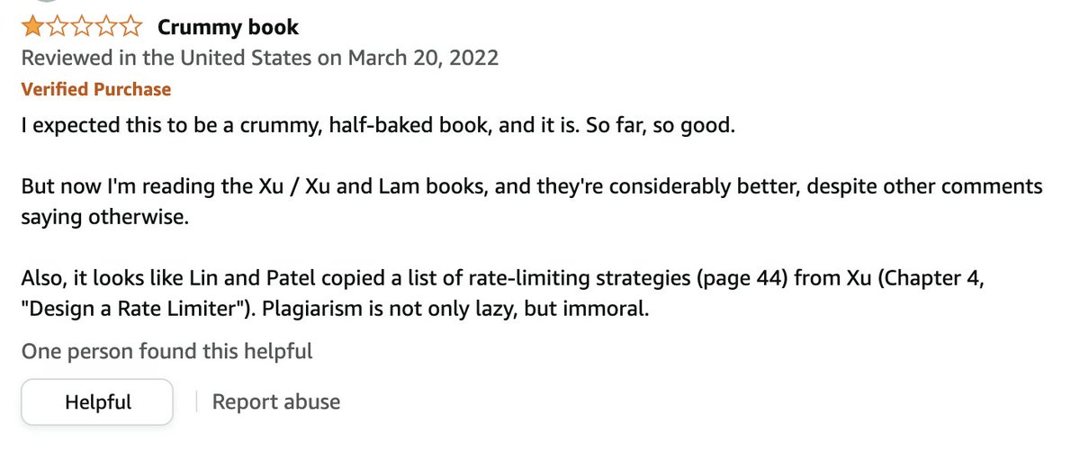 GergelyOrosz's tweet photo. I don't often block fellow authors, but I blocked Lewis C. Lin.

The problem was not how with an engineer with 1 YOE at Meta, he cloned the best-selling book The Systems Design Interview by @alexxubyte, plagiarizing parts of it.

But how he used fake personas to promote the book. https://t.co/EAiMka5h7c