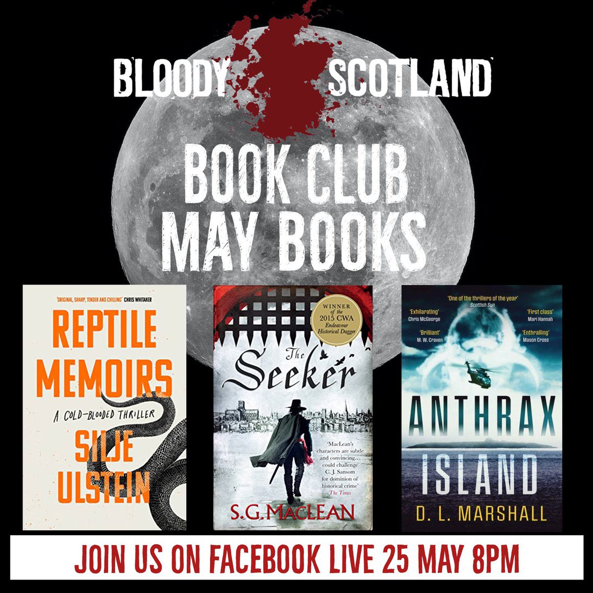 Bloody Scotland (@bloodyscotland) on Twitter photo Just 1 week to go until May’s Bloody Scotland Book Club. Join <a href="/radiomukhers/">Abir Mukherjee</a> <a href="/grabthisbook/">Grab This Book</a> <a href="/madisonmitchel1/">Dr Claire Mitchell KC</a> and <a href="/CollinsJacky/">Dr Jacky Collins (Dr Noir)🕷 #NMPM #StillEuropean</a> as they discuss:
Reptile Memoirs by <a href="/siljesalat/">Silje Ulstein</a>
The Seeker by @SGMacleanauthor
Anthrax Island by <a href="/DLMWrites/">D.L Marshall #77North 🔥🥶🔥</a>
📚Hope you can join us 📚 Just 1 week to go until May’s Bloody Scotland Book Club. Join <a href="/radiomukhers/">Abir Mukherjee</a> <a href="/grabthisbook/">Grab This Book</a> <a href="/madisonmitchel1/">Dr Claire Mitchell KC</a> and <a href="/CollinsJacky/">Dr Jacky Collins (Dr Noir)🕷 #NMPM #StillEuropean</a> as they discuss:
Reptile Memoirs by <a href="/siljesalat/">Silje Ulstein</a>
The Seeker by @SGMacleanauthor
Anthrax Island by <a href="/DLMWrites/">D.L Marshall #77North 🔥🥶🔥</a>
📚Hope you can join us 📚