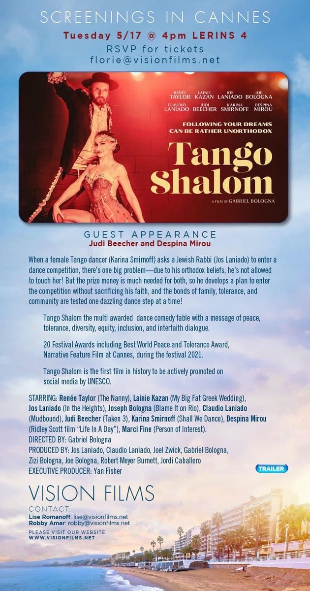 Screening at the Marche Du Film during the Cannes Film Festival 2022

Tango Shalom the multiawarded comedy dance fable with a message of peace, tolerance, diversity, equity, inclusion , and interfaith dialogue , is screening at Marche Du Film during the Cannes Film Festival 2022!