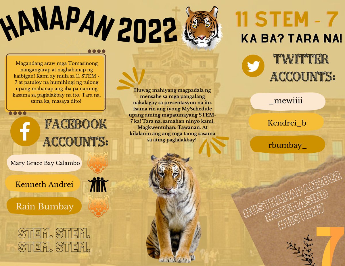 _mewiiii's tweet photo. 📍 STEM-7 KA BA? TARA NA! 

Magandang araw mga Tomasinong nangangarap at naghahanap ng kaibigan! 

Tulungan ninyong kaming mahanap ang aming mga kaklase sa 11 STEM-7. 

Samahan ninyo kami sa paglalakbay na ito. Tuwa at saya, sama-sama tayo! 🐯💛

#USTHANAPAN2022 
#11STEM7 https://t.co/R7PgNbhKza