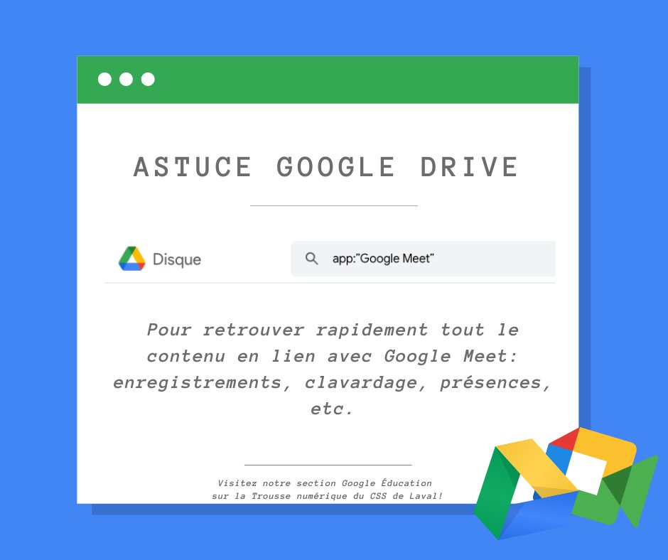Équipe pédagonumérique Laval (@equipepnumlaval) on Twitter photo Astuce pour Google Drive et Google Meet: retrouvez rapidement tout ce qui est en lien avec Meet (enregistrements, retranscription du clavardage, etc.) en tapant: app:"Google Meet" dans la barre de recherche.
Idéal pour faire un petit ménage ! Astuce pour Google Drive et Google Meet: retrouvez rapidement tout ce qui est en lien avec Meet (enregistrements, retranscription du clavardage, etc.) en tapant: app:"Google Meet" dans la barre de recherche.
Idéal pour faire un petit ménage !