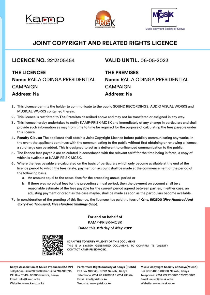 EzekielMutua's tweet photo. This is a totally misleading and misguided statement by KECOBO. We licensed the Raila Odinga Presidential campaign using the existing tariffs gazetted by the Govt. Our members, including Sauti Sol, have assigned their rights to MCSK to administer copyright on their behalf. https://t.co/Wl0hQbglhG