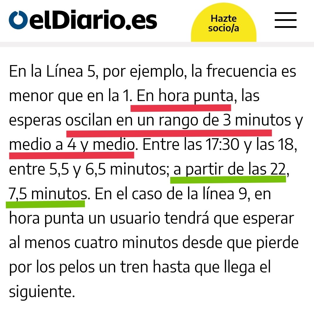 ⛔ BULO de <a href="/iescolar/">Ignacio Escolar</a> y <a href="/eldiarioes/">elDiario.es</a>. "Ocho minutos de espera en hora punta del Metro tras los recortes de Ayuso".

❌ FALSO: Según el propio medio, las esperas en hora punta oscilan en un rango de 3 minutos y medio a 4 y medio.